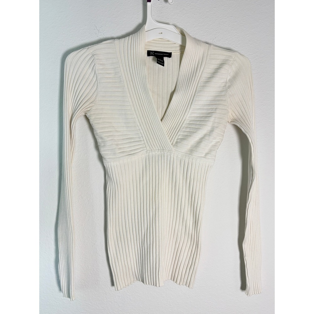 INC International Concepts Cream Ribbed V-Neck Surplice Sweater S Long Sleeve